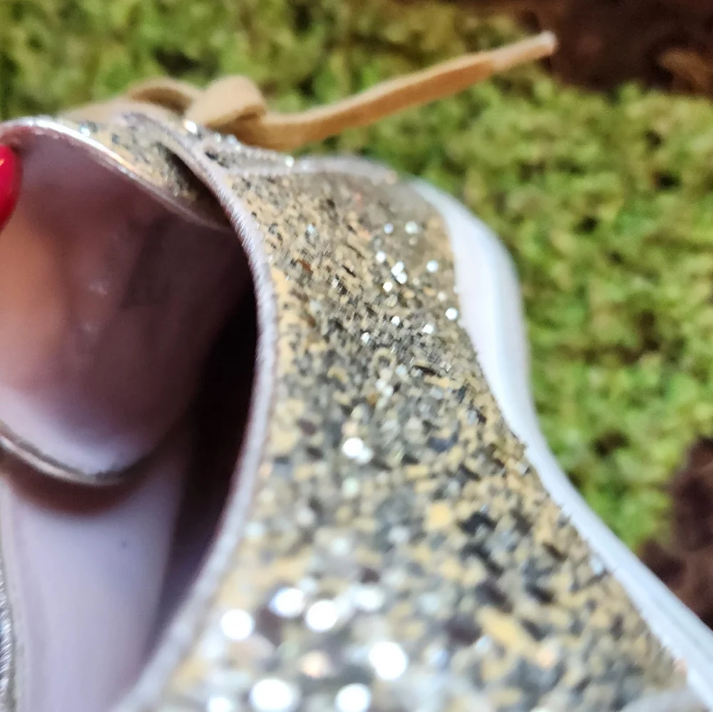 MIU MIU Gold Glitter Sparkle Silver Studs Toe Lace Up Flat Luxury Sneakers 40 - Picture 4 of 16